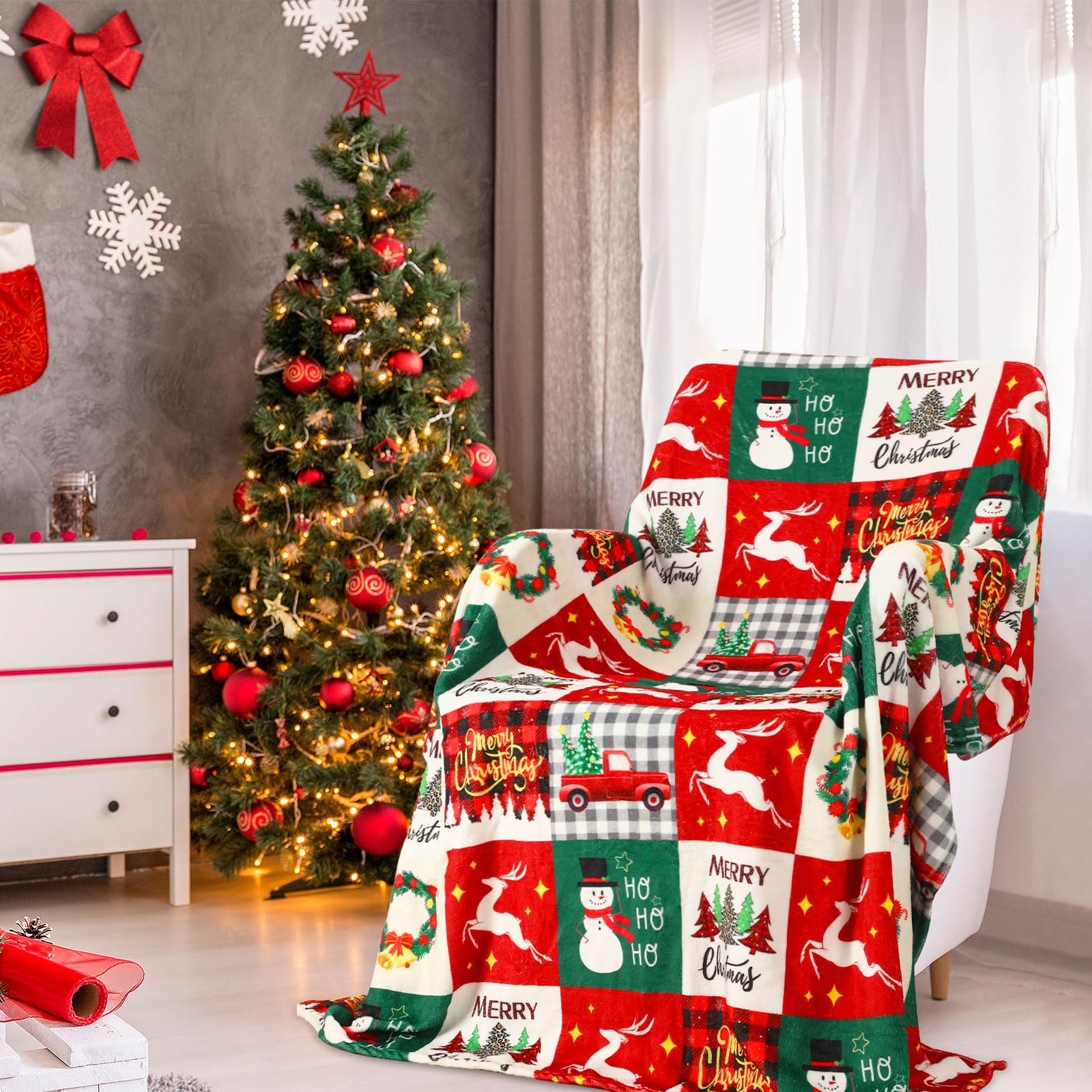 Christmas Throw Blanket - Noel Kırmızı Yeşil Ekose Kardan Adam